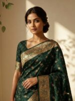 Dark Green Banarasi Satin Silk with Golden Paisley & Floral Motifs - Image 2