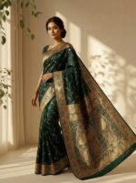 Dark Green Banarasi Satin Silk with Golden Paisley & Floral Motifs