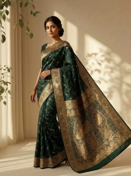 Dark Green Banarasi Satin Silk with Golden Paisley & Floral Motifs