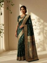 Dark Green Banarasi Satin Silk with Golden Paisley & Floral Motifs - Image 4