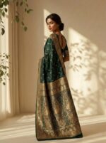 Dark Green Banarasi Satin Silk with Golden Paisley & Floral Motifs - Image 3