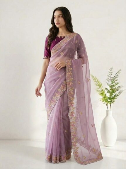 Elegant Chiffon Saree for Women  Floral Embroidery, Multicolor Thread Work & Designer Pallu