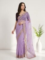 Designer Floral Chiffon Saree  Multicolor Embroidery Work with Elegant Border & Pallu
