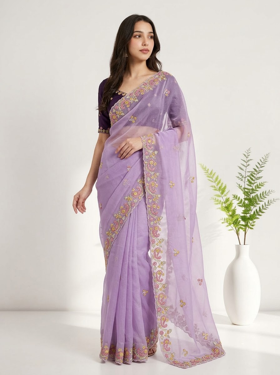 Generating_e-commerce_fashion_ph…_202608141522 Designer Floral Chiffon Saree Multicolor Embroidery Work with Elegant Border & Pallu - Image 1