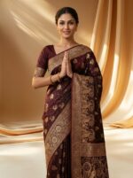 Banarasi Satin Silk Saree with Elegant Golden Paisley & Peacock Motifs - Image 3