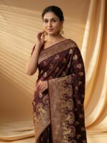 Banarasi Satin Silk Saree with Elegant Golden Paisley & Peacock Motifs - Image 2