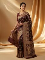 Banarasi Satin Silk Saree with Elegant Golden Paisley & Peacock Motifs