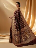 Banarasi Satin Silk Saree with Elegant Golden Paisley & Peacock Motifs - Image 5