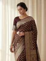 Banarasi Satin Saree with Elegant Golden Paisley Motifs & All-Over Buti Work - Image 2