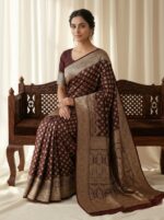 Banarasi Satin Saree with Elegant Golden Paisley Motifs & All-Over Buti Work - Image 6