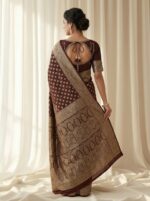 Banarasi Satin Saree with Elegant Golden Paisley Motifs & All-Over Buti Work - Image 4