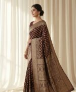 Banarasi Satin Saree with Elegant Golden Paisley Motifs & All-Over Buti Work - Image 5