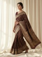 Banarasi Satin Saree with Elegant Golden Paisley Motifs & All-Over Buti Work - Image 3