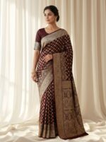 Banarasi Satin Saree with Elegant Golden Paisley Motifs & All-Over Buti Work