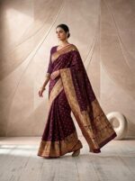 Royal Banarasi Satin Silk Saree with Delicate Golden Buti, Traditional Paisley Zari Work - Image 5