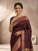 Royal Banarasi Satin Silk Saree with Delicate Golden Buti, Traditional Paisley Zari Work - Image 3