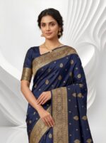 Royal Blue Soft Glossy Satin Silk Saree Elegant Golden Buti Motifs, Intricate Zari Weaving, Heavy Decorative Border & Grand Traditional Pallu For Women - Image 2