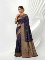 Royal Blue Soft Glossy Satin Silk Saree Elegant Golden Buti Motifs, Intricate Zari Weaving, Heavy Decorative Border & Grand Traditional Pallu For Women - Image 5
