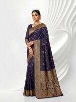 Royal Blue Soft Glossy Satin Silk Saree Elegant Golden Buti Motifs, Intricate Zari Weaving, Heavy Decorative Border & Grand Traditional Pallu For Women