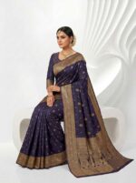 Royal Blue Soft Glossy Satin Silk Saree Elegant Golden Buti Motifs, Intricate Zari Weaving, Heavy Decorative Border & Grand Traditional Pallu For Women - Image 4