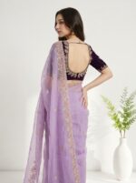 Designer Floral Chiffon Saree  Multicolor Embroidery Work with Elegant Border & Pallu - Image 3