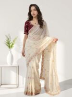 White Elegant Chiffon Saree for Women Floral Embroidery, Multicolor Thread Work & Designer Pallu