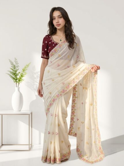 White Elegant Chiffon Saree for Women Floral Embroidery, Multicolor Thread Work & Designer Pallu