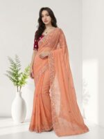 Designer Chiffon Saree with Multicolor Floral Embroidery & Beautiful Designer Border