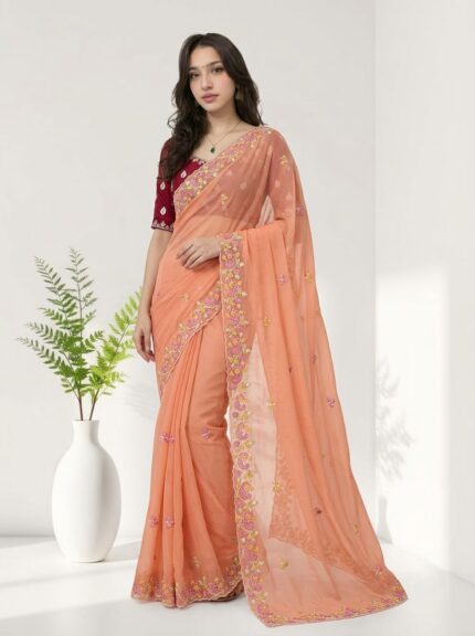Designer Chiffon Saree with Multicolor Floral Embroidery & Beautiful Designer Border
