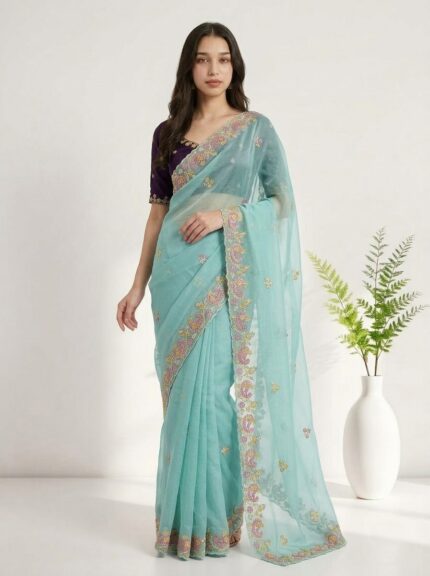 Elegant Chiffon Saree for Women  Floral Embroidery, Multicolor Thread Work & Designer Pallu