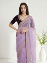 Designer Floral Chiffon Saree  Multicolor Embroidery Work with Elegant Border & Pallu - Image 4