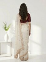 White Elegant Chiffon Saree for Women Floral Embroidery, Multicolor Thread Work & Designer Pallu - Image 4