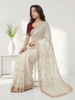 White Elegant Chiffon Saree for Women Floral Embroidery, Multicolor Thread Work & Designer Pallu - Image 2
