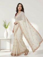 White Elegant Chiffon Saree for Women Floral Embroidery, Multicolor Thread Work & Designer Pallu - Image 3