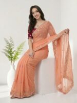 Designer Chiffon Saree with Multicolor Floral Embroidery & Beautiful Designer Border - Image 4